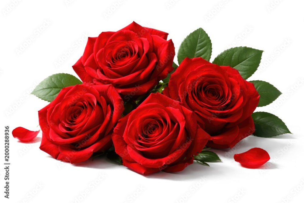 Fototapeta premium Four vivid red rose blooms positioned on a stark white surface with clipping path