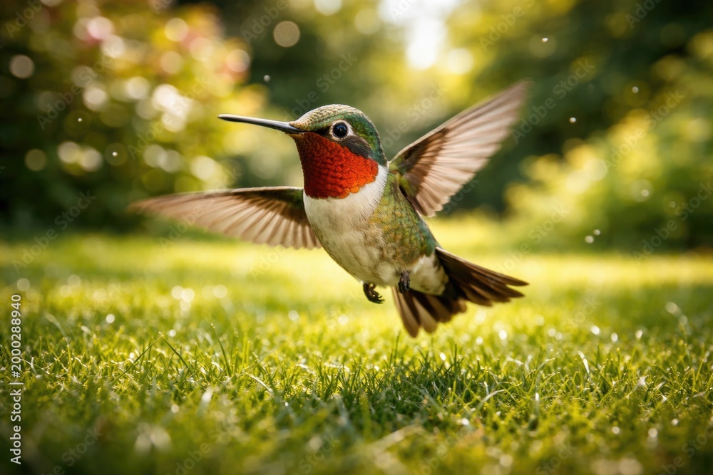 Fototapeta premium Cheerful pet hummingbird in full length view darting playfully over a summer grass lawn