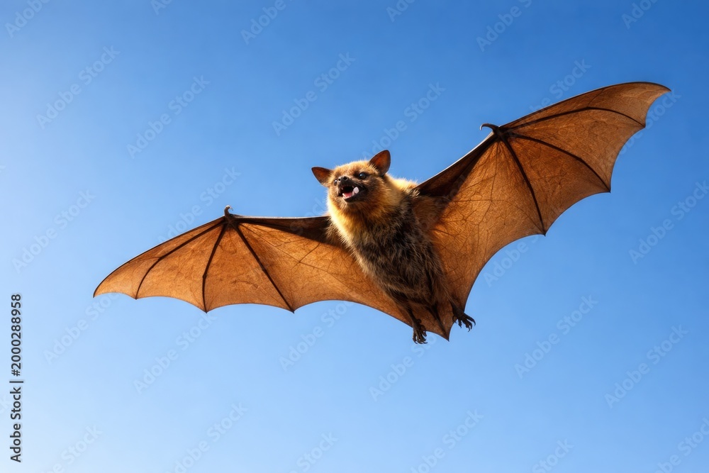 Fototapeta premium Energetic flying fox pet enjoying a cloudless blue sky with copy space
