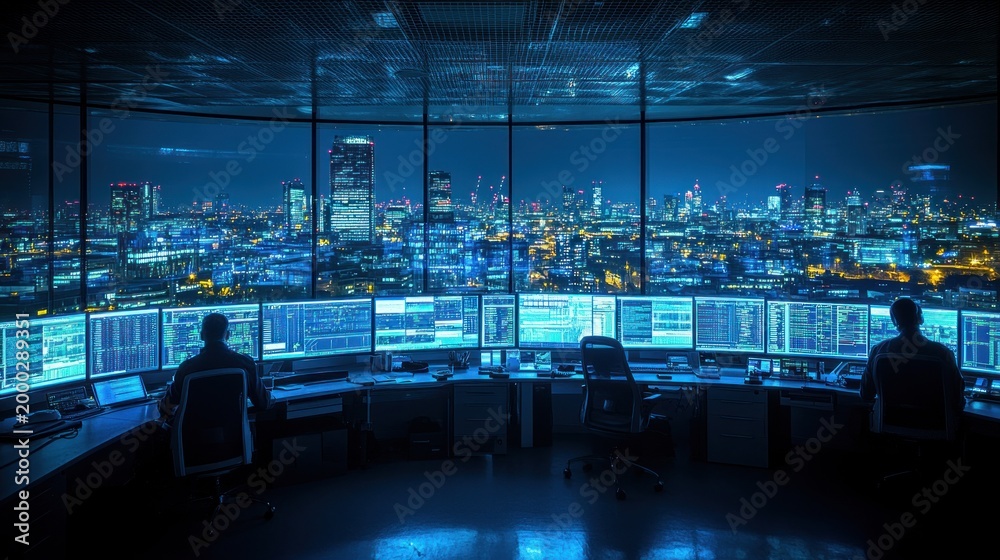 Fototapeta premium Night control room, city view