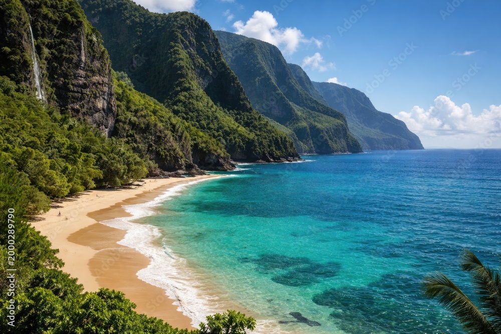 Fototapeta premium Lush green cliffs beside a peaceful beach with sparkling blue waters