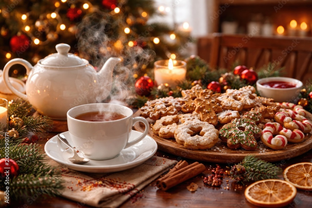 Fototapeta premium Inviting Christmas breakfast table with steaming tea cup, ceramic teapot, and freshly baked festive cookies