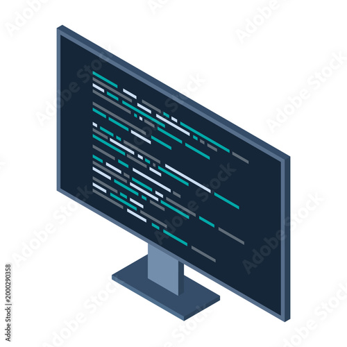Isometric monitor. Software programming coding concept. Code on computer monitor. Isometric technology. Vector illustration