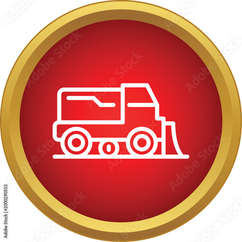 Street sweeper truck outline icon inside a red and gold circle, representing cleaning service