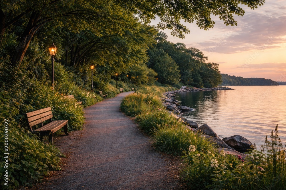 Naklejka premium Calm waterfront walking route bordered by thriving greenery during evening light