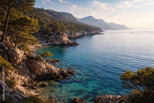 Natural seaside panorama with calm water and rugged coast