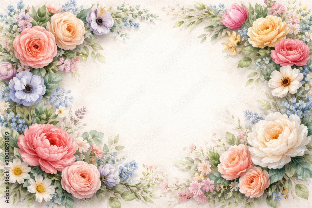 Fototapeta premium Handpainted flower border with blank area perfect for notes