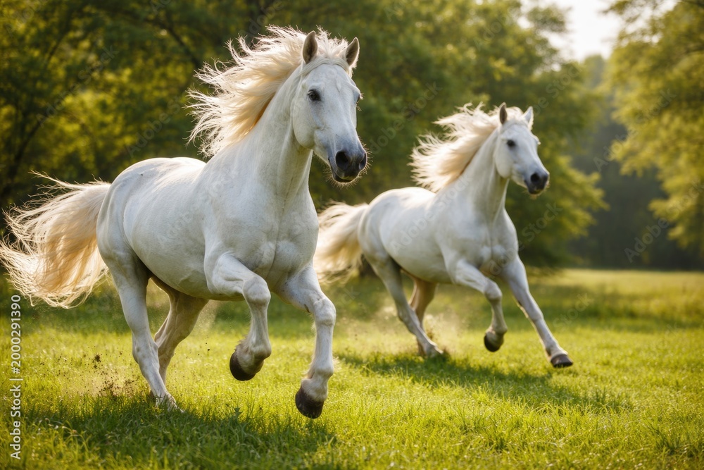 Obraz premium energetic white pet horses playing and galloping on fresh green grass lawn full length summer