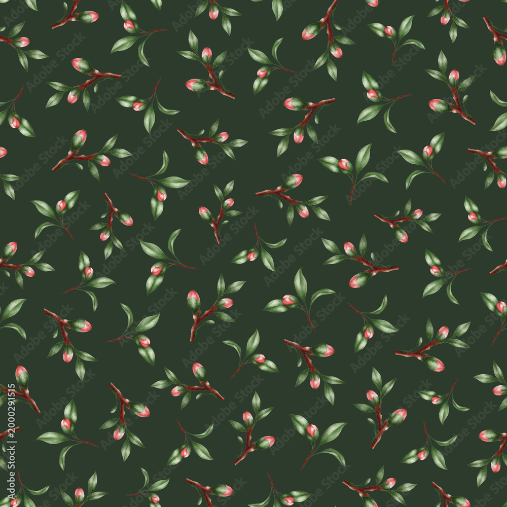 Fototapeta premium Seamless pattern with watercolor sakura buds and small leafy branches arranged in a denser composition on a deep green background, creating a rich and decorative botanical look. Perfect for textiles, 