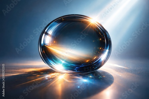Artistic convex lens display against muted blue background with strong backlighting highlights