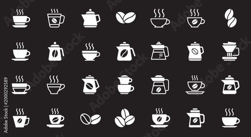 White coffee cups teapots coffee beans and pour over brewer on black background coffee mug coffee pot