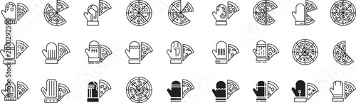 Pizza slice and oven mitt in black and white line food cooking baking