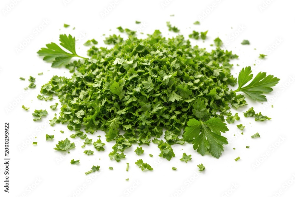 Obraz premium Chopped bright parsley leaves isolated on a white backdrop with fresh herb details