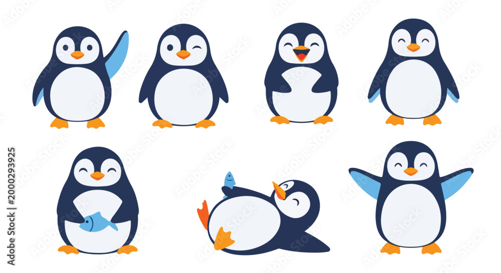 Fototapeta premium A minimal flat vector illustration of a cheerful penguin with a rounded belly, no outlines, on a white background.