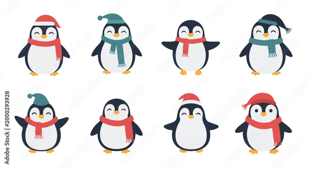 Fototapeta premium A minimal flat vector illustration of a cheerful penguin with a rounded belly, no outlines, on a white background.