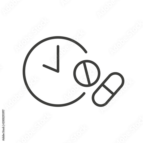 daily dosage pill time, pills capsule with clock icon, outline illustration