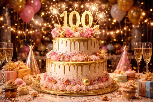 Festive cake presentation for a joyful centennial birthday extravaganza