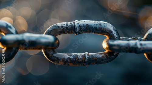 Rostige Metallkette im warmen Licht mit Bokeh – Verbindung, Stärke und Sicherheit Konzept