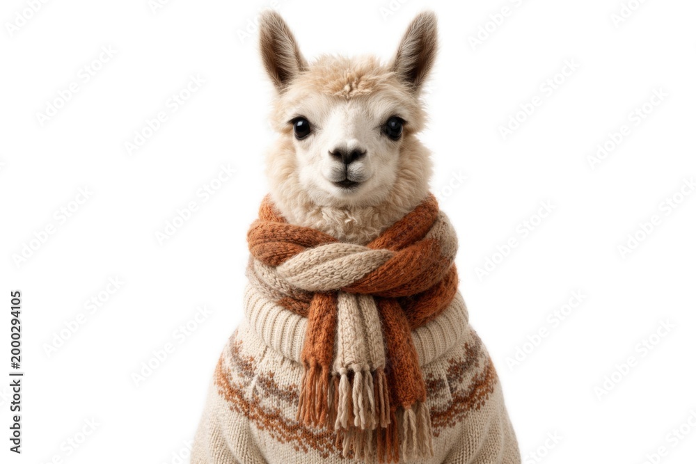 Fototapeta premium Endearing image of a sweater clad llama with a snug scarf isolated on pure white