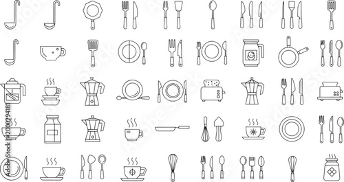 Collection of black and white line kitchen utensils and tableware