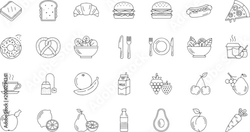 Collection of black and white line representing various food and drink line black and white sandwich