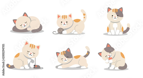Cute Cartoon Kittens Set - Adorable Feline Friends in Various Poses and Activities, Perfect for Animal Lovers