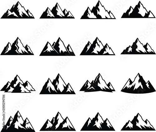 Collection of twelve black and white mountain silhouette with sharp peaks and snowy accents mountains