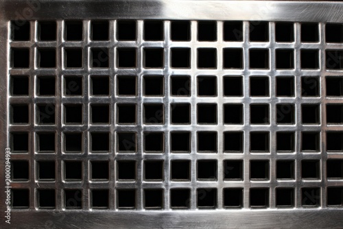 Metal grate with square openings creating a geometric pattern in monochrome tones
