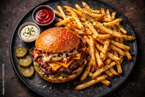 Birds eye perspective of a saucy burger and fries arranged on a dark round platter