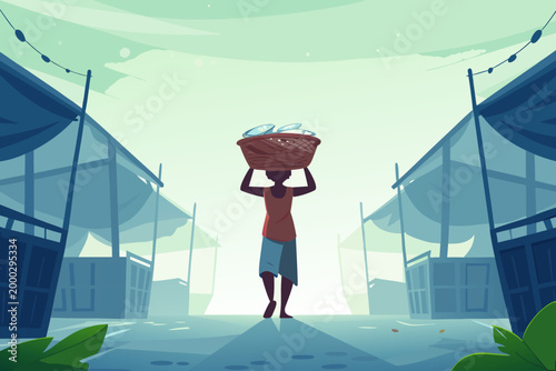 Vendor Carrying Large Basket of Fish on Shoulder w