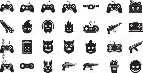 Collection of black game controllers guns and monster joystick gaming
