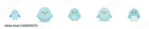 Cute baby blue birds standing in a row against a white background