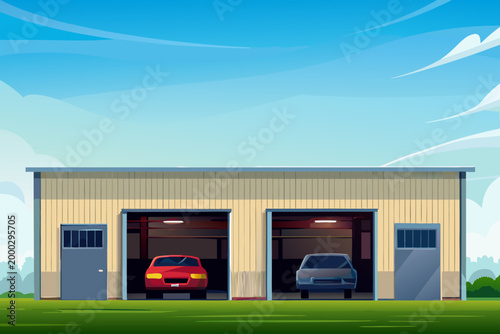 Automotive Workshop Exterior With Open Garage Door