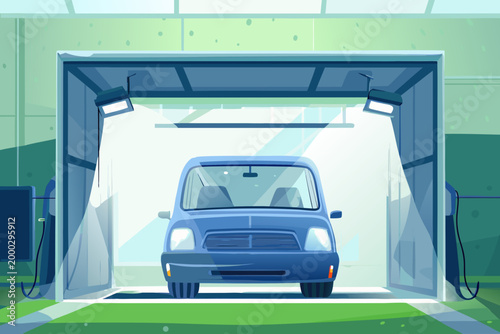 Car Painting Booth With Freshly Painted Vehicle an