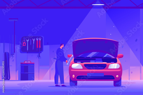 Car Repair Workshop Interior With Mechanic Fixing