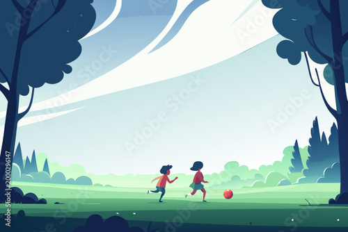 Children Playing Ball Game in Open Park With Wide