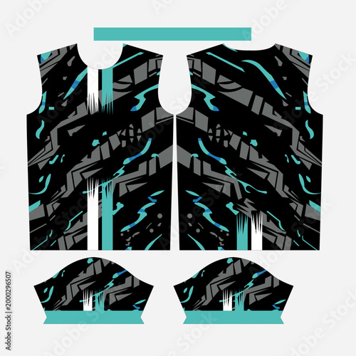 Abstract Geometric Racing Sports Jersey Sublimation Print Pattern Design in Black and Cyan