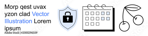 Data protection, scheduling, organization, agriculture, productivity, food industry. Shield with lock, calendar and cherries. Data protection and scheduling concepts clearly