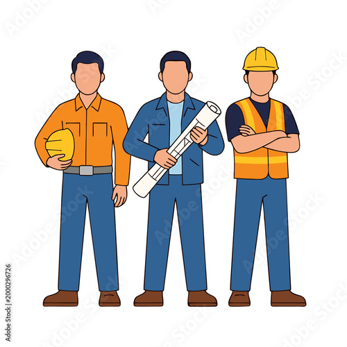 Three Male Construction Workers with Hard Hat Safety Vest and Blueprint Standing Together in Flat Style Vector Illustration on Transparent Background