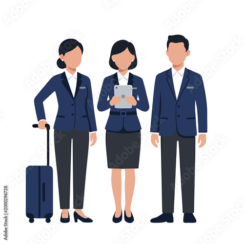 Three Airline Staff Members in Navy Blue Uniform with Luggage and Tablet Ready for Flight in Flat Design Vector Illustration on Transparent Background