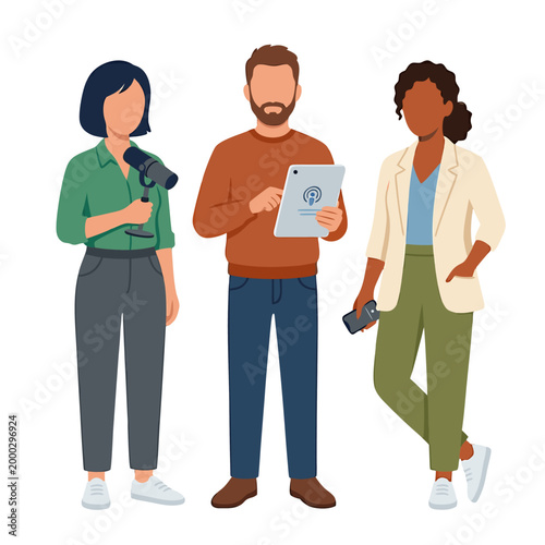 Three Diverse Podcast Hosts with Microphone Tablet and Phone Standing Ready to Record in Flat Style Vector Illustration on Transparent Background