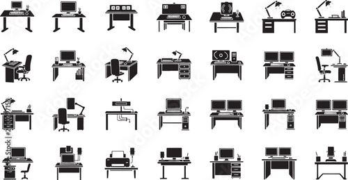 Collection of black silhouette depicting various office desks with computers and accessories workstation