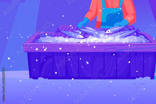 Fish Market Vendor Arranging Fresh Catch on Wooden