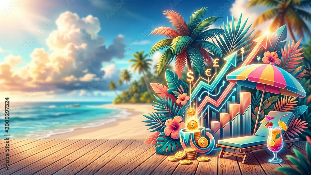 Fototapeta premium Tropical beach lounger with colorful cocktail and umbrella near rising financial graphs and gold coins. Vacation paradise blending business success and wealth growth. Summer investment visualization