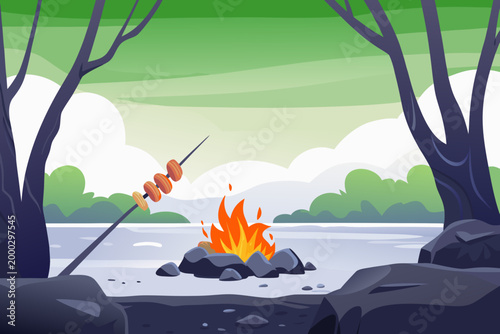 Grilling Fish on Stick Over Open Fire in Forest ri