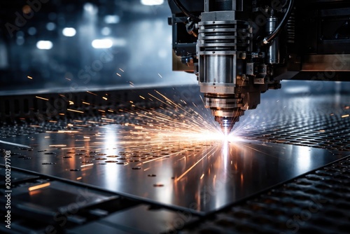 High tech laser sheet metal cutting emitting bright light with copy space