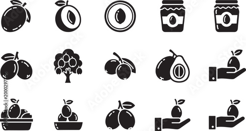 Black and white of plums and plum jam jars on white background fruit tree