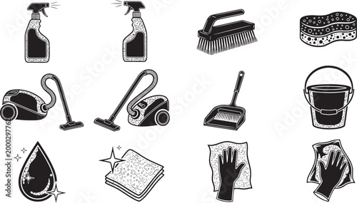 Black and white of cleaning supplies and actions on white background household tools vacuum cleaner