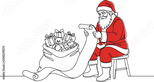 Continuous line drawing of Santa Claus reading a long wishlist next to a sack of gifts.