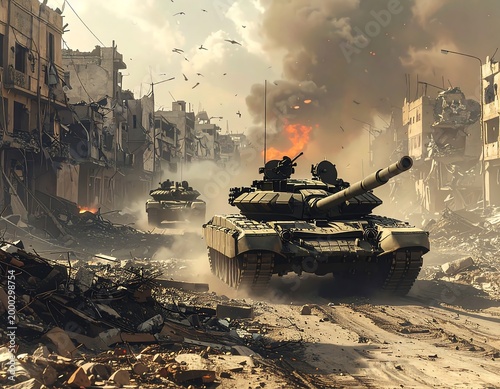 Tanks Advance Through War-Torn City Streets, Destruction and Fire